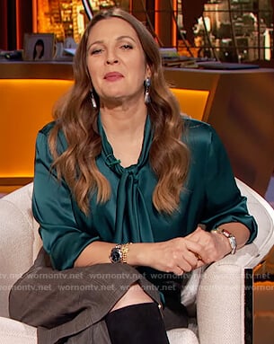 Drew’s teal satin tie blouse and pants on The Drew Barrymore Show