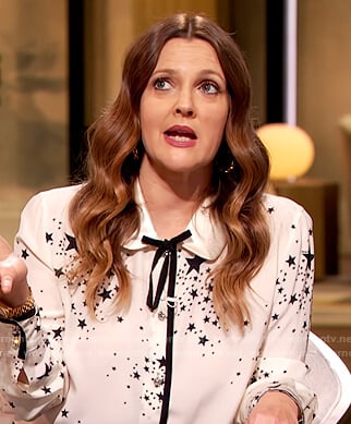 Drew’s white star print blouse on The Drew Barrymore Show