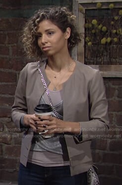 Elena’s metallic crossover top and grey jacket on The Young and the Restless