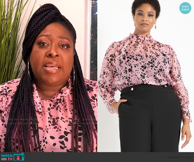 Printed Sheer Ruffle Neck Blouse by Eloquii worn by Loni Love on The Real