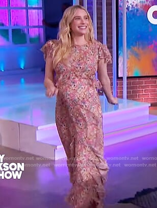 Emma Roberts pink floral dress on The Kelly Clarkson Show