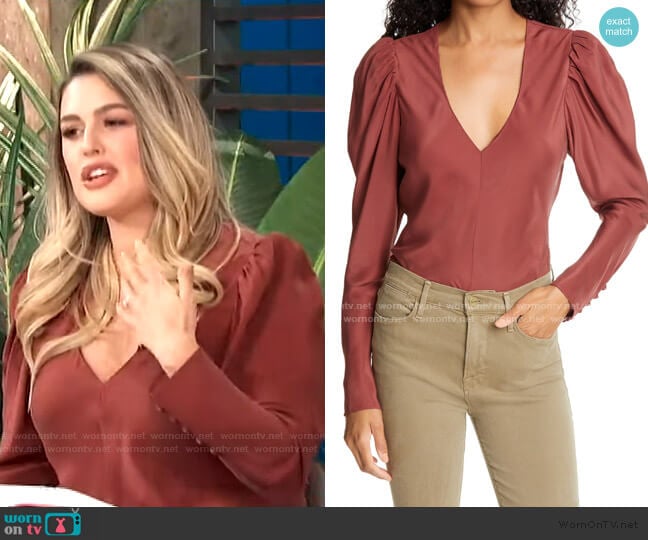 V-Neck Puff Shoulder Silk Top by Frame worn by Carissa Loethen Culiner on E! News