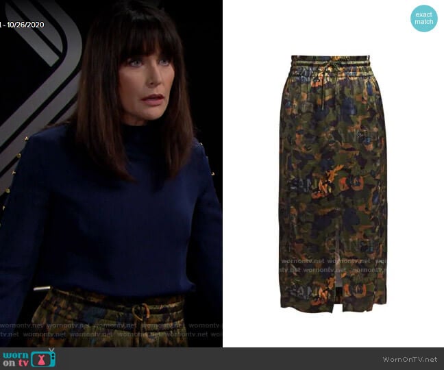 Ganni Floral Print Satin Midi Skirt worn by Quinn Fuller (Rena Sofer) on The Bold and the Beautiful