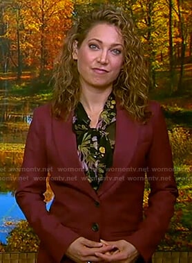 Ginger’s burgundy suit and floral tie neck blouse on Good Morning America