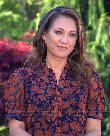 Ginger’s navy and orange floral tie neck dress on Good Morning America