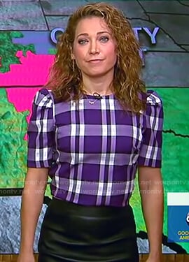 Ginger’s purple plaid puff sleeve top on Good Morning America