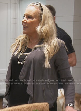 Shanon’s gray lace up back jacket on The Real Housewives of Orange County