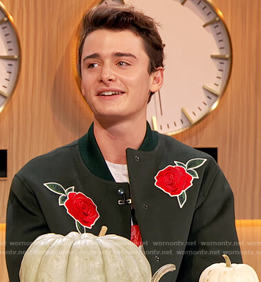 Noah Schnapp's green rose embroidered bomber jacket on The Drew Barrymore Show