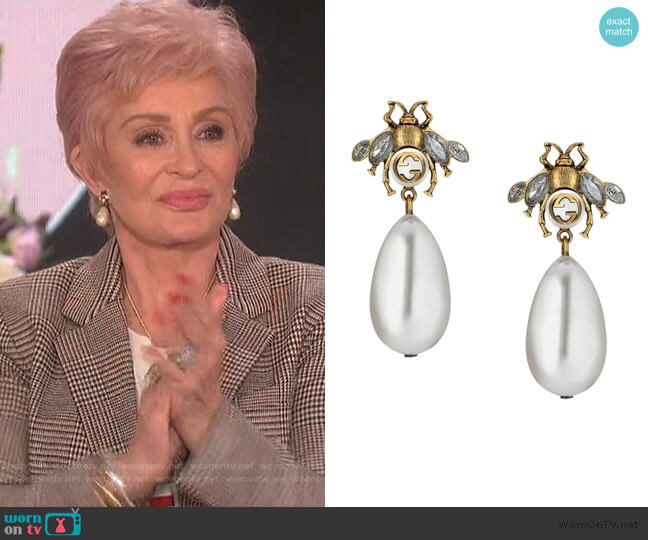 Bee earrings with drop pearls by Gucci worn by Sharon Osbourne on The Talk