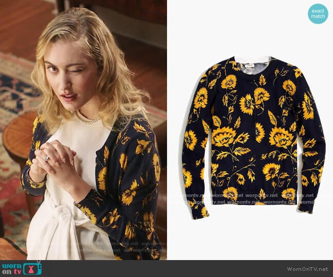 J. Crew Floral Caryn Cardigan worn by Becky Monreaux (Olivia Macklin) on Filthy Rich