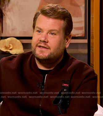 James Gorden's burgundy bug embroidered jacket on The Drew Barrymore Show