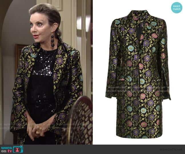 Ornate Floral Jacquard Coat by Josie Natori worn by Gloria Abbott Bardwell (Judith Chapman) on The Young and the Restless