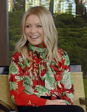 Kelly’s red and green floral tie neck blouse on Live with Kelly and Ryan