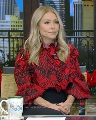 Kelly's red tiger print blouse on Live with Kelly & Ryan