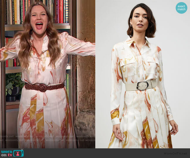 Geode Print Zora Blouse and Skirt by Lafayette 148 worn by Drew Barrymore  on The Drew Barrymore Show