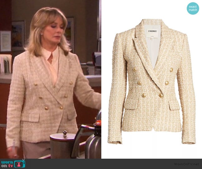 Kenzie Double Breasted Metallic Tweed Blazer by L'Agence worn by Marlena Evans (Deidre Hall) on Days of our Lives