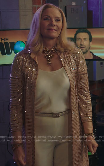Margaret’s long mirror embellished blouse on Filthy Rich