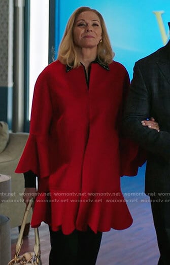 Margaret's red scalloped trim coat on Filthy Rich