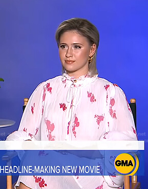 Maria Bakalova’s white floral pleated dress on Good Morning America