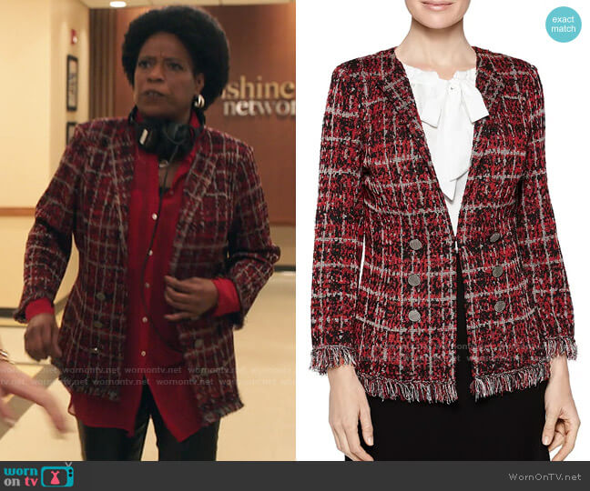 Norah’s red tweed blazer on Filthy Rich