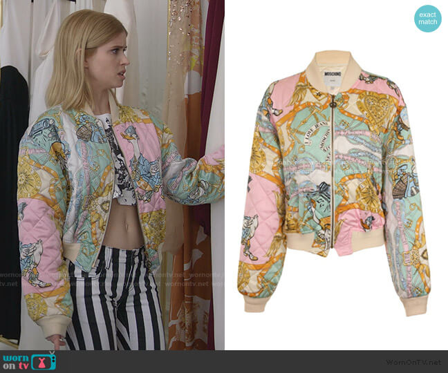 Print Bomber Jacket by Moschino worn by Carlson Young on Emily in Paris