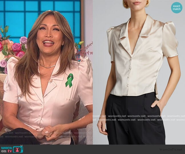 Satin Puff-Sleeve Blouse by Moussy worn by Carrie Inaba on The Talk