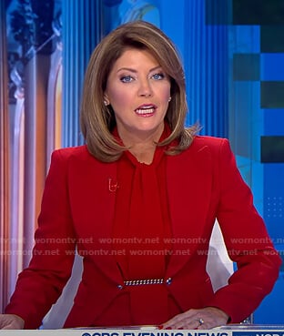 Norah’s red chain embellished blazer on CBS Evening News