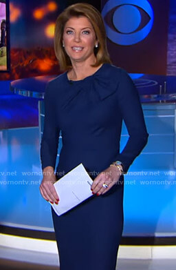 Norah’s blue gathered neck dress on CBS Evening News