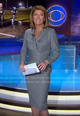 Norah’s grey pinstripe blazer and skirt on CBS Evening News