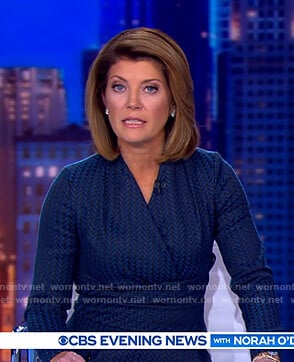 Norah’s blue herringbone wrap top and skirt on CBS Evening News