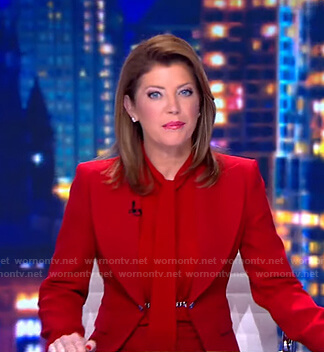 Norah’s red chain embellished blazer on CBS Evening News