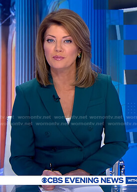 Norah’s teal double breasted blazer on CBS Evening News