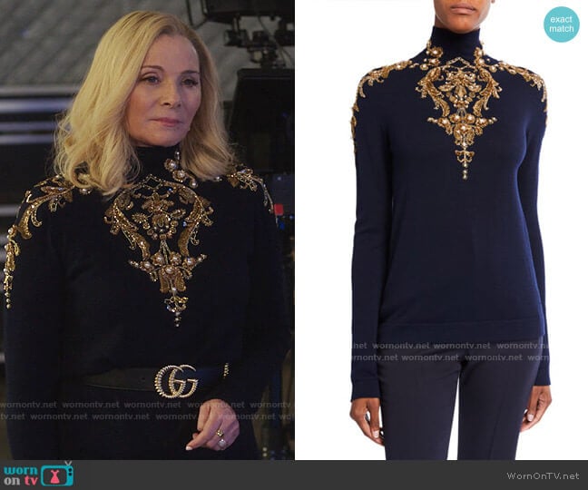 Oscar de la Renta Embellished Wool Turtleneck Sweater worn by Margaret Monreaux (Kim Cattrall) on Filthy Rich