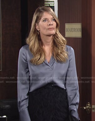 Phyllis blue silk blouse and feather wrap skirt on The Young and the Restless