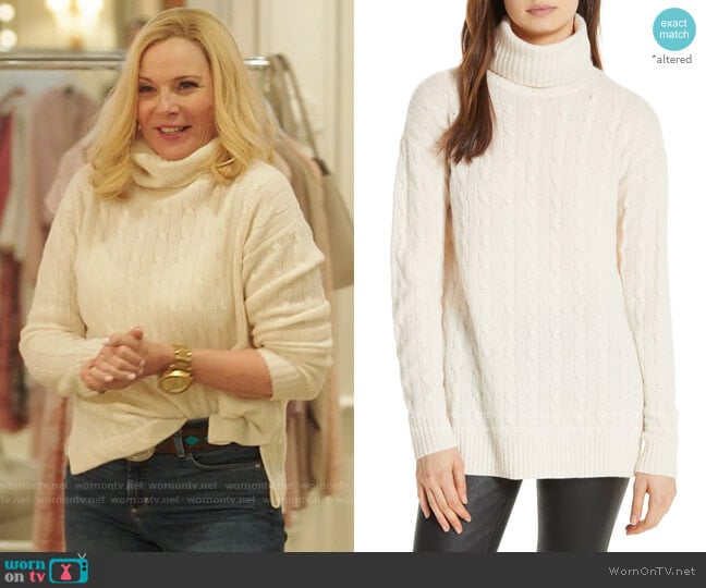 Polo Ralph Lauren Side Slit Cable Turtleneck worn by Margaret Monreaux (Kim Cattrall) on Filthy Rich