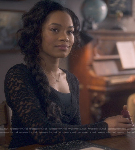 Rebecca’s black lace top on The Haunting of Bly Manor