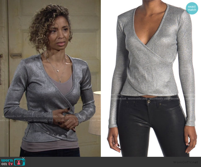 Metallic Crossover Wrap Top by Ramy Brook worn by Elena Dawson (Brytni Sarpy) on The Young and the Restless