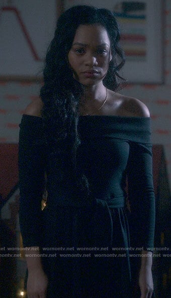 Rebecca's black off-shoulder dress on The Haunting of Bly Manor