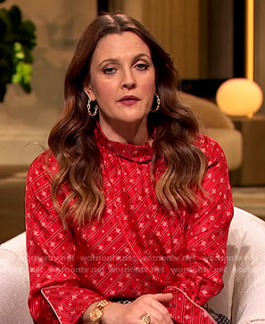 Drew’s red printed high neck blouse on The Drew Barrymore Show