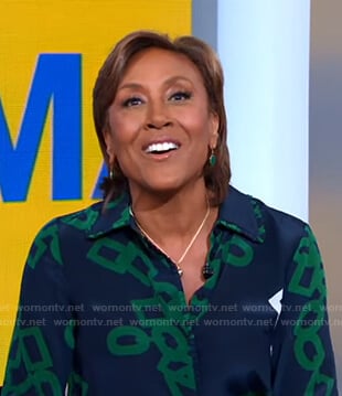 Robin’s navy and green link print blouse and check pants on Good Morning America