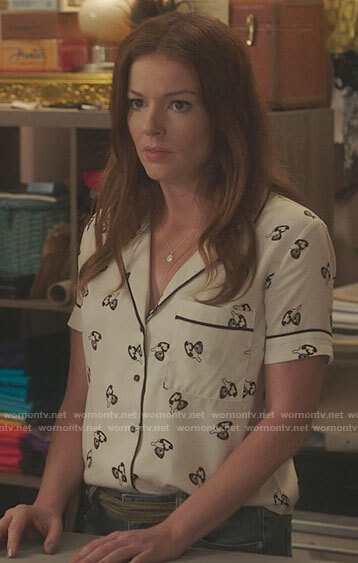 Rose's white telephone print top on Filthy Rich