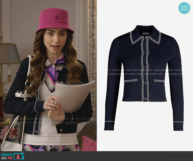 Sailor Piped-Trim Knitted Cardigan by Sandro worn by Emily Cooper (Lily Collins) on Emily in Paris