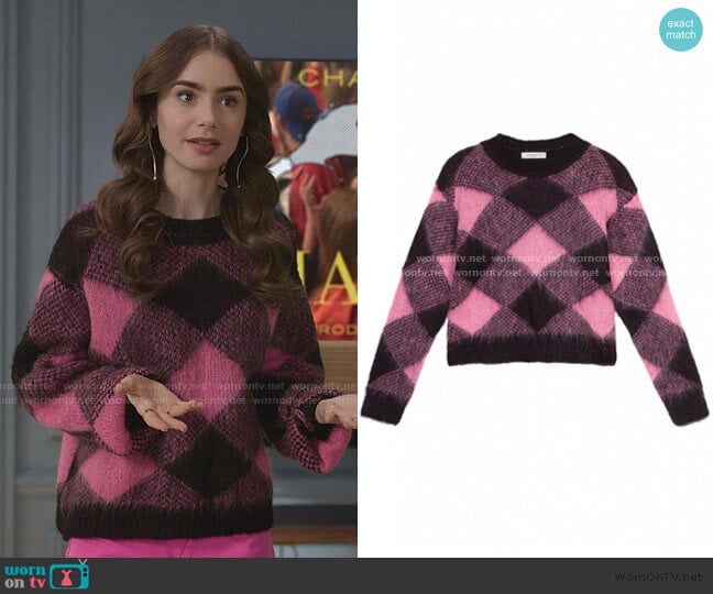 Sparks Wide Plaid Mohair Sweater by Sandro worn by Emily Cooper (Lily Collins) on Emily in Paris