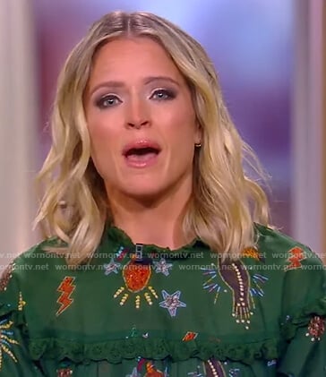 Sara’s green printed ruffle trim blouse on The View