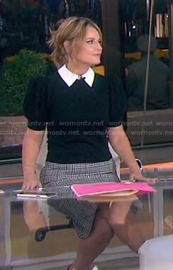 Savannah’s black puff sleeve collared sweater and grey plaid skirt on Today