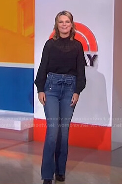 Savannah’s black mock neck blouse and tie waist jeans on Today