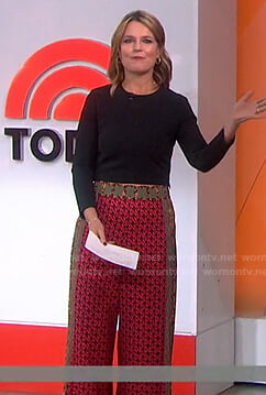 Savannah’s red mixed print wide-leg pants on Today