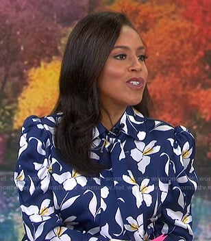 Sheinelle's blue and white floral tie neck blouse on Today
