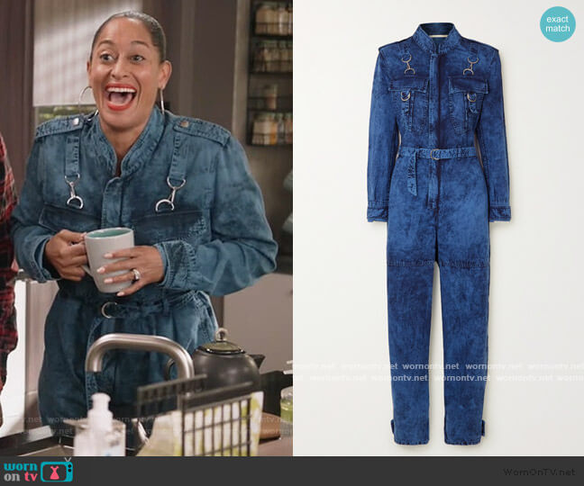 Acid-wash denim jumpsuit by Stella McCartney worn by Rainbow Johnson (Tracee Ellis Ross) on Black-ish