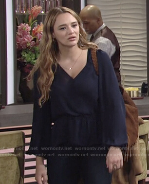 Summer’s navy wrap blouse on The Young and the Restless